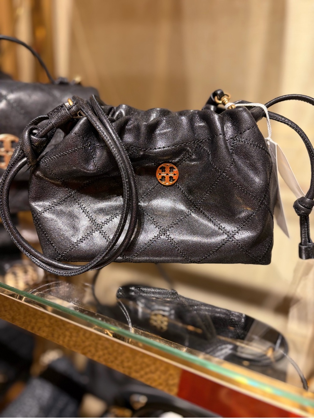 Tory Burch Black Quilted Leather Drawstring Shoulder Bag with Gold Logo new